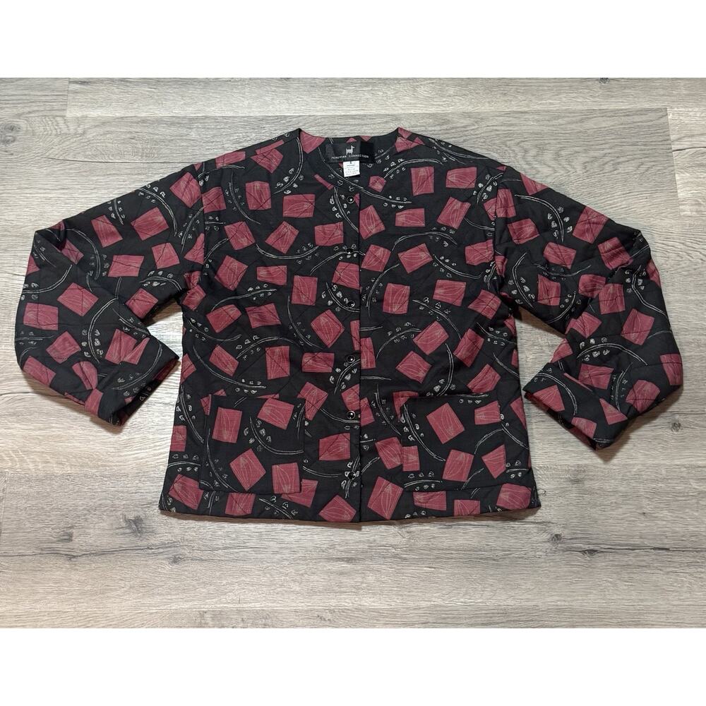 Peruvian Connection Pima Cotton Quilted Snap Jacket Black Red Print Small